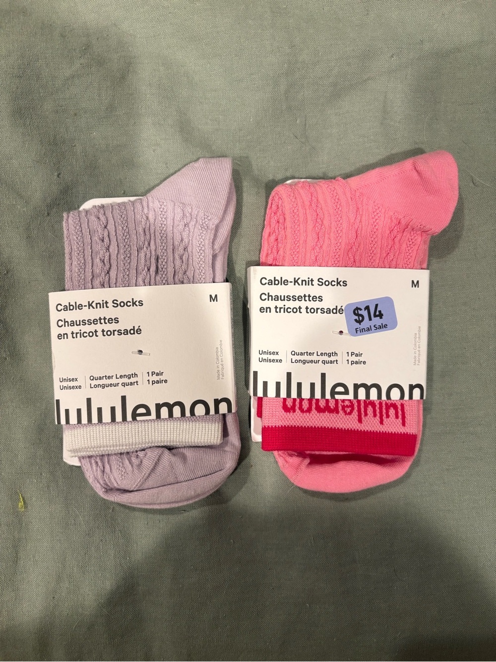 lululemon Cable-Knit Quarter Socks - Pink & Lavender (Pair)